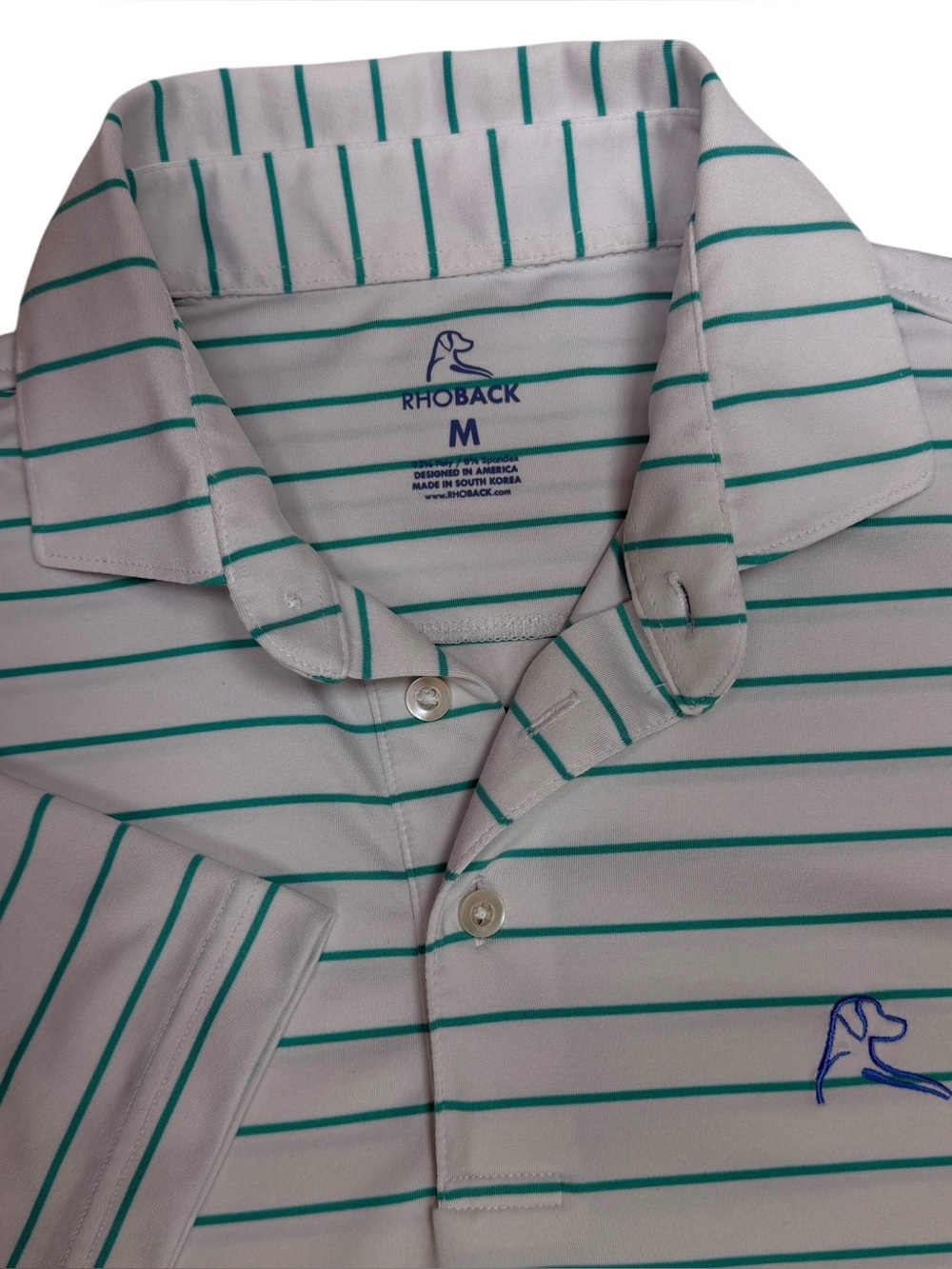 Rhoback Polo Shirt Men Medium White Green Stripe Short Sleeve Performance Golf